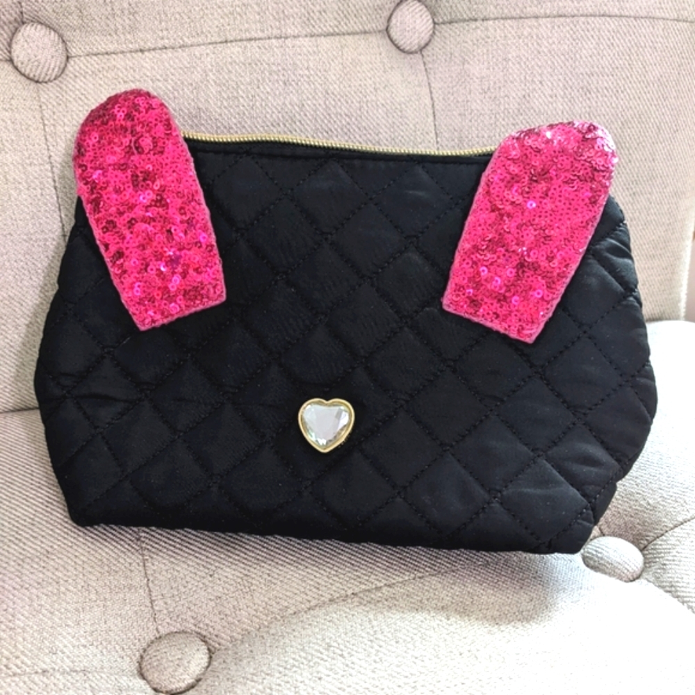 BETSEY JOHNSON Disco Bunny Gold Zipper Pink Ears Black Makeup Bag